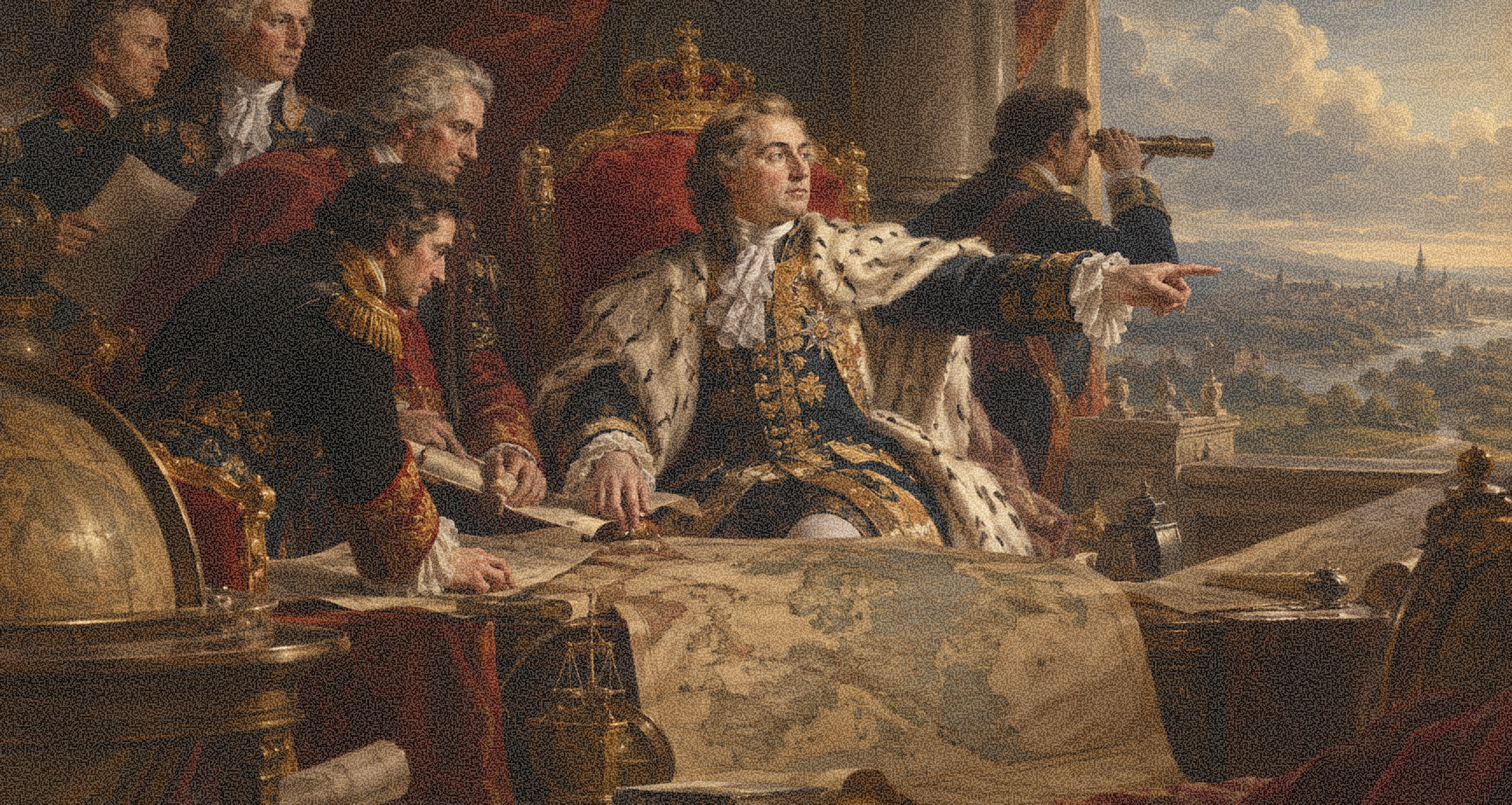 A historical painting of a regal figure pointing from a map-covered table towards a distant city, surrounded by men, one using a telescope.