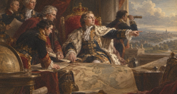 A historical painting of a regal figure pointing from a map-covered table towards a distant city, surrounded by men, one using a telescope.