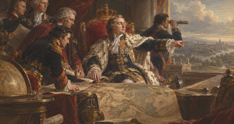 A historical painting of a regal figure pointing from a map-covered table towards a distant city, surrounded by men, one using a telescope.