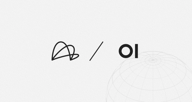 Black abstract symbol, a slash, and "OI" on a light grey background with a faint wireframe globe.