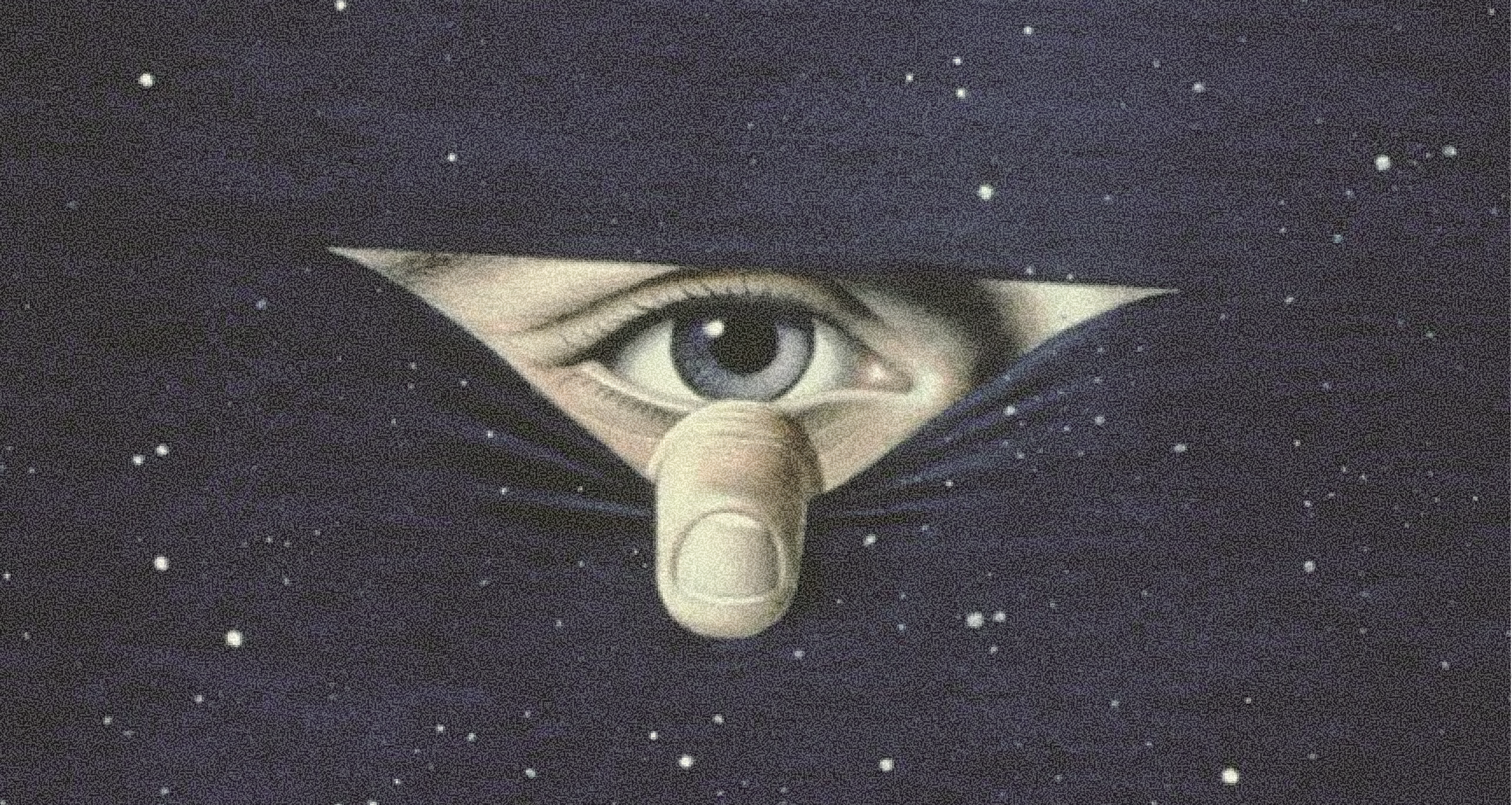 A finger pulls back dark, star-filled fabric to reveal a blue eye looking out.