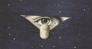 A finger pulls back dark, star-filled fabric to reveal a blue eye looking out.