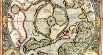 An ornate antique circular map of the Northern Hemisphere, showing continents around a central Arctic landmass.-