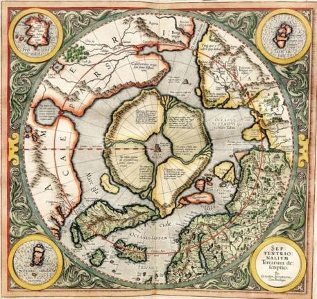 An ornate antique circular map of the Northern Hemisphere, showing continents around a central Arctic landmass.-