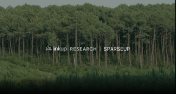 Text "linkup RESEARCH | SPARSEUP" overlaid on a dense forest of green trees.