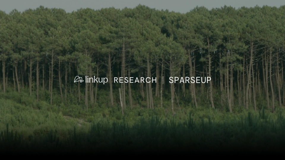 Text "linkup RESEARCH | SPARSEUP" overlaid on a dense forest of green trees.