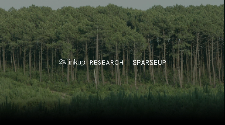 Text "linkup RESEARCH | SPARSEUP" overlaid on a dense forest of green trees.