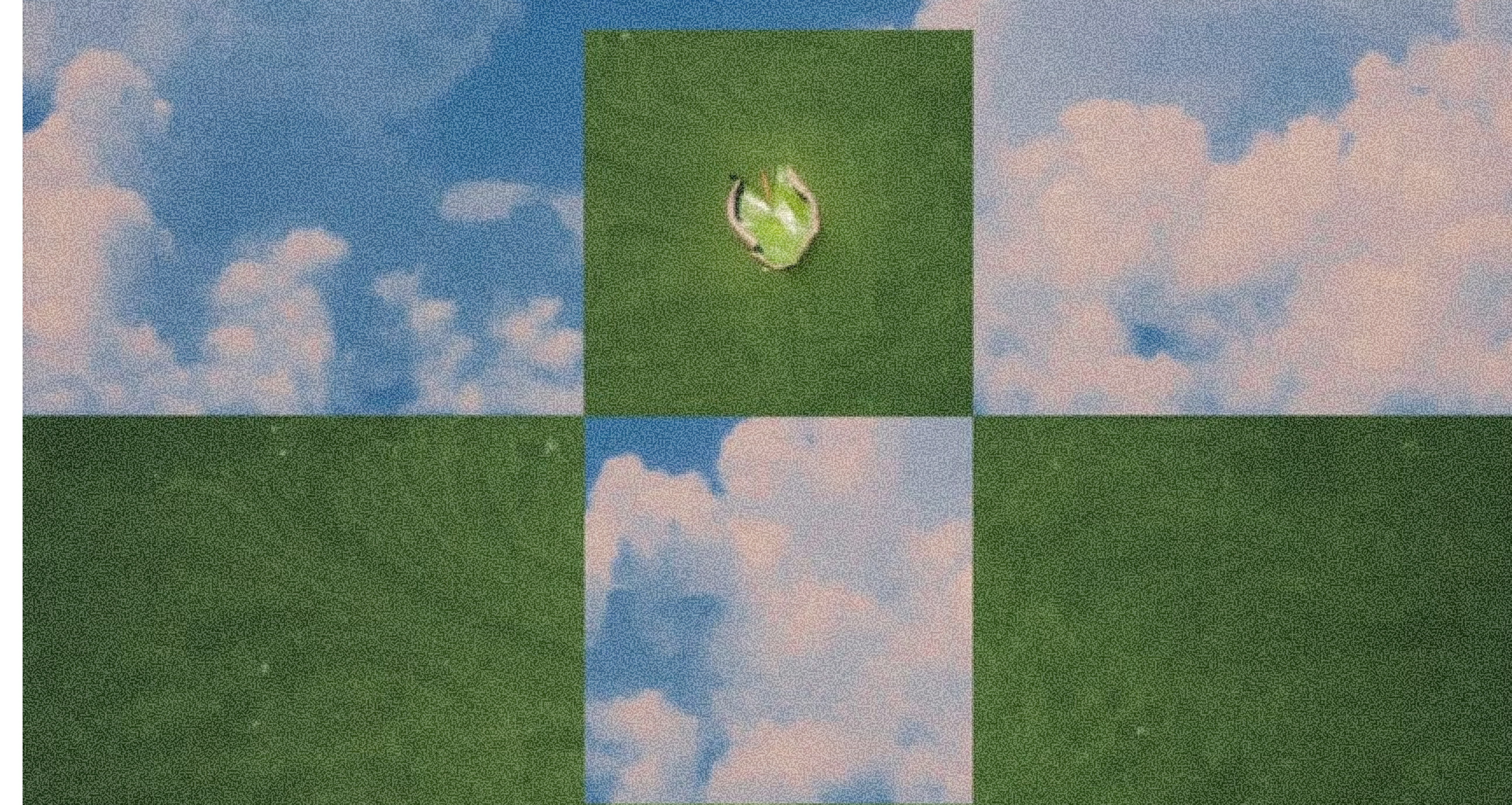 Grainy checkerboard pattern of blue sky with clouds and green fields, with a sparkling green dewdrop in the top center square.