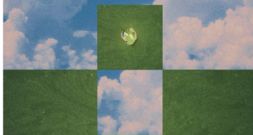 Grainy checkerboard pattern of blue sky with clouds and green fields, with a sparkling green dewdrop in the top center square.
