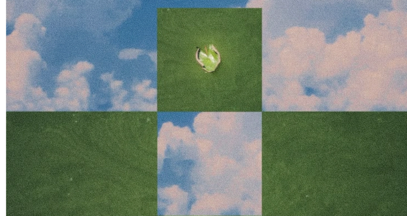 Grainy checkerboard pattern of blue sky with clouds and green fields, with a sparkling green dewdrop in the top center square.