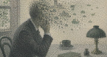 Seated man whose head dissolves into swirling dots trying to resolves its AI hallucination