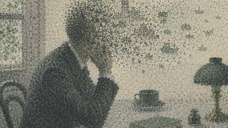Seated man whose head dissolves into swirling dots trying to resolves its AI hallucination
