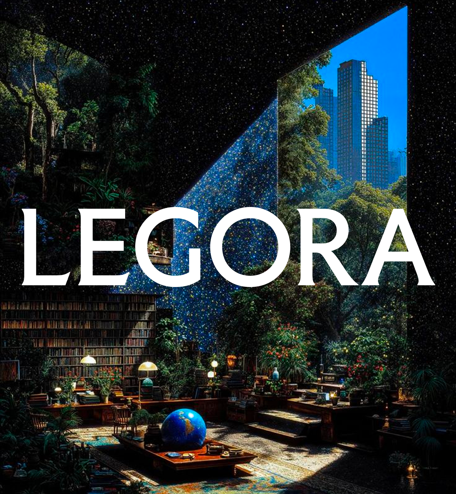 White text "LEGORA" over a surreal image of a library and garden interior, with a view of city skyscrapers and a starry ceiling.