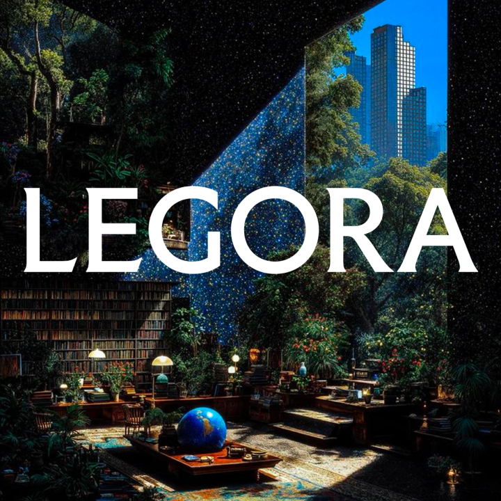 White text "LEGORA" over a surreal image of a library and garden interior, with a view of city skyscrapers and a starry ceiling.