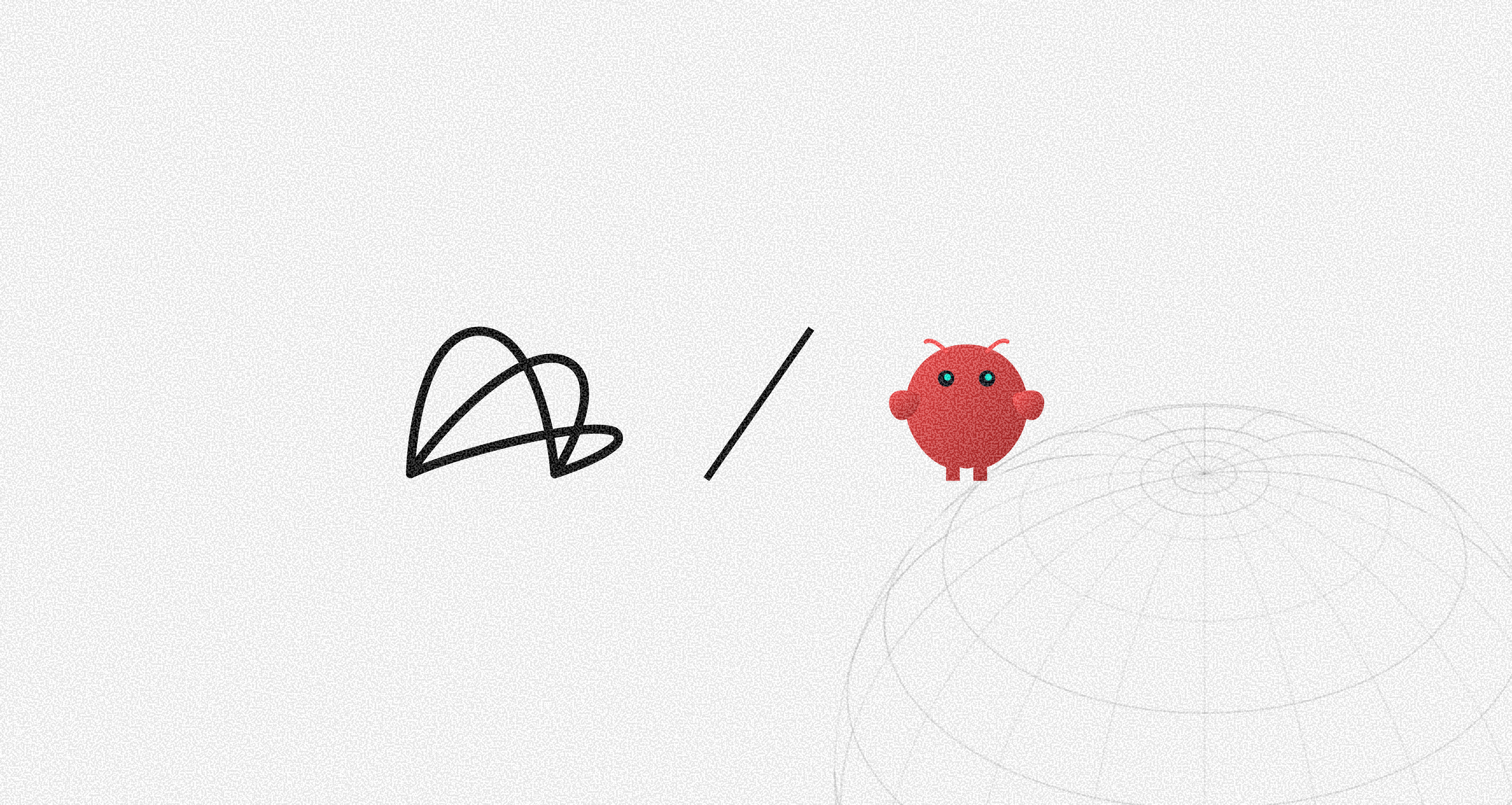 Abstract black loops, a slash, and a red cartoon character on a textured white background, with a faint wireframe globe.