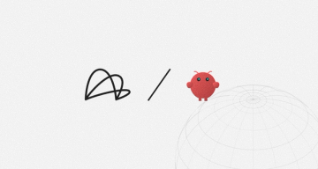 Abstract black loops, a slash, and a red cartoon character on a textured white background, with a faint wireframe globe.