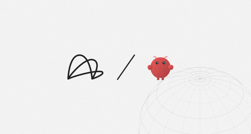 Abstract black loops, a slash, and a red cartoon character on a textured white background, with a faint wireframe globe.
