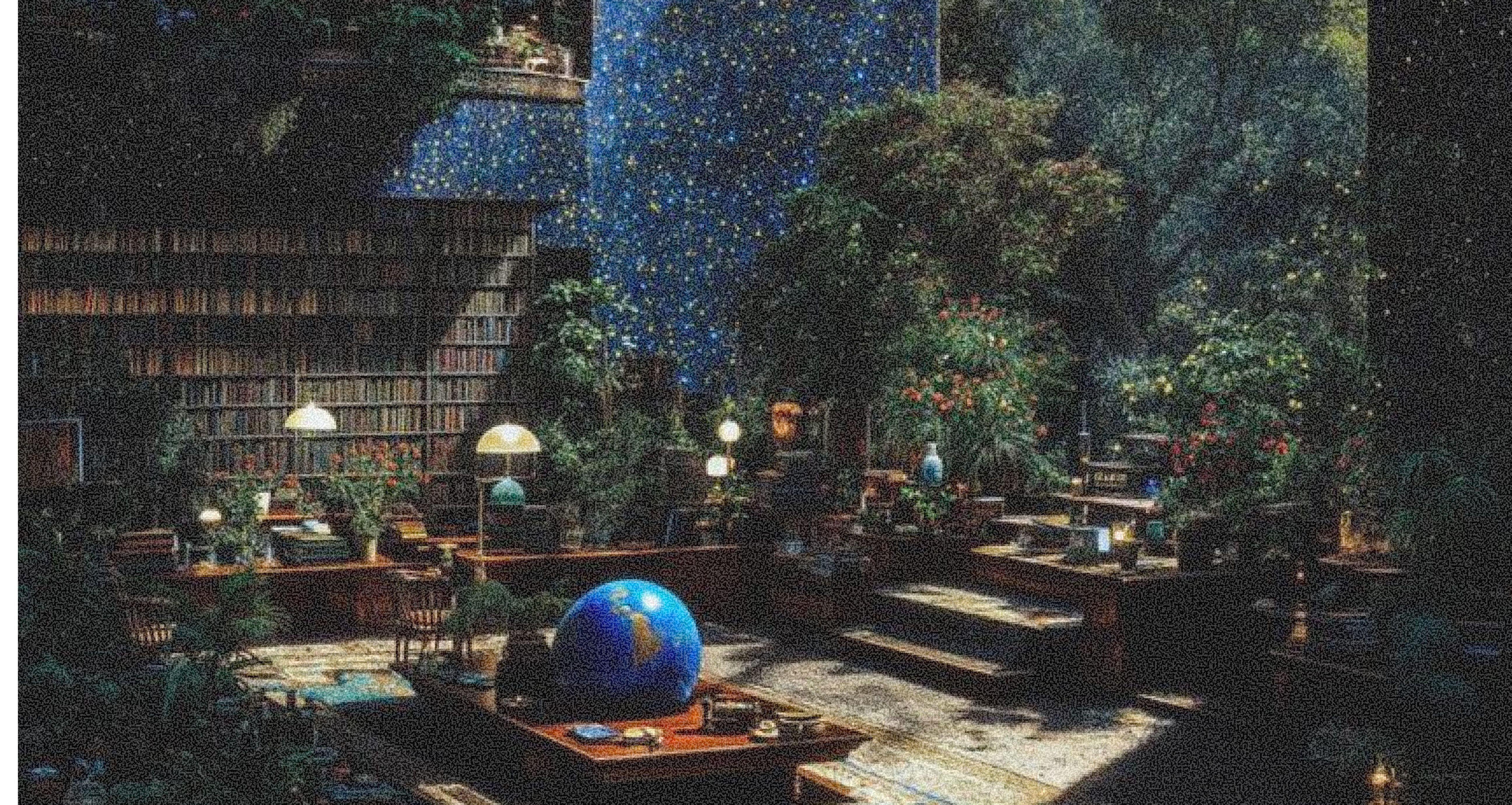 A fantastical library or study filled with bookshelves, vibrant plants, and a large blue globe, illuminated by desk lamps and a starry background.