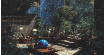 A fantastical library or study filled with bookshelves, vibrant plants, and a large blue globe, illuminated by desk lamps and a starry background.