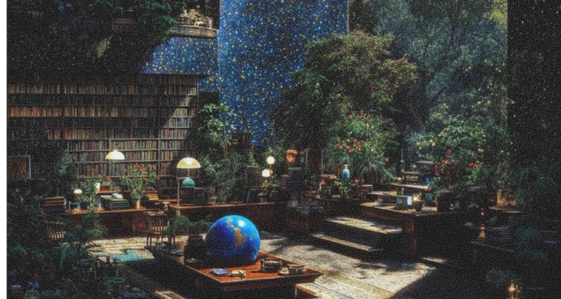 A fantastical library or study filled with bookshelves, vibrant plants, and a large blue globe, illuminated by desk lamps and a starry background.
