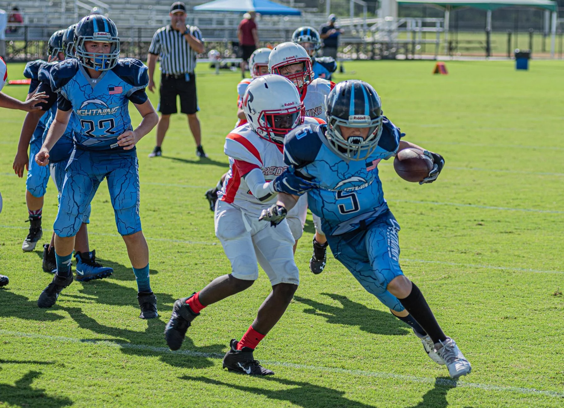 Youth football players during a game