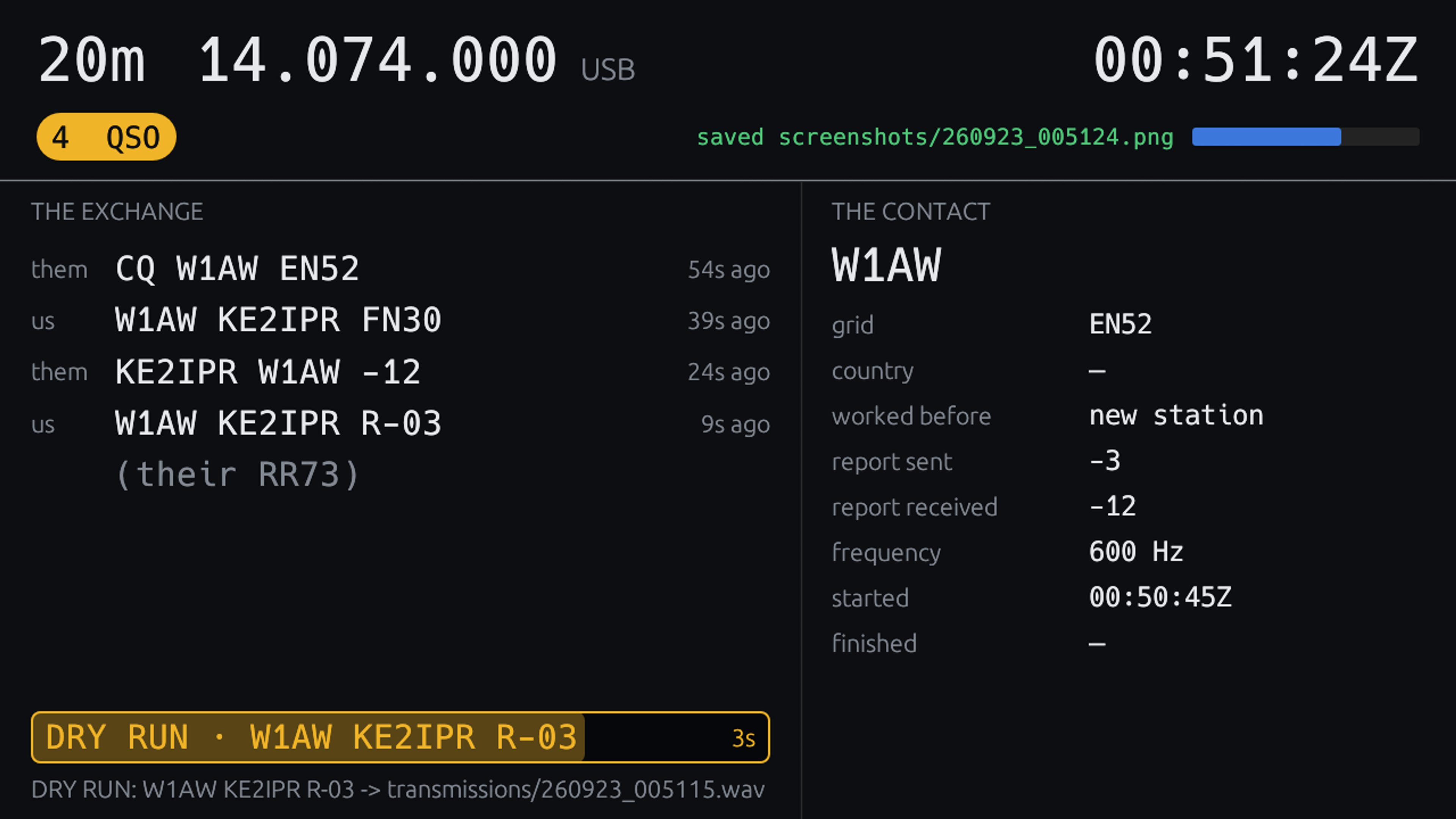 Digger v0.1.0 showing a test QSO (conversation).