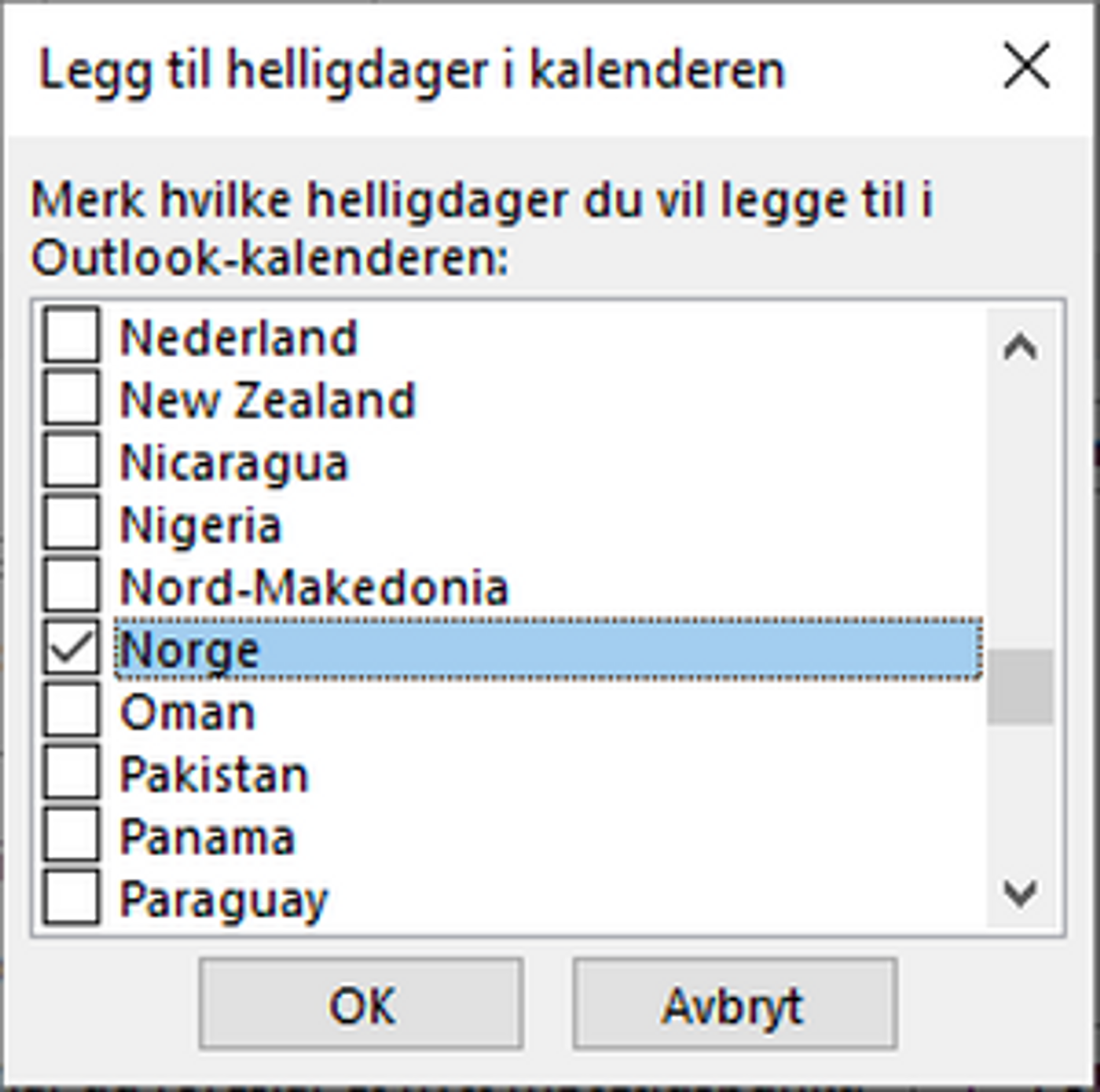 Velg Norge i listen i Outlook