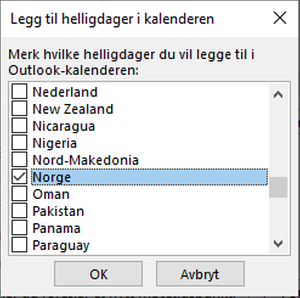 Velg Norge i listen i Outlook