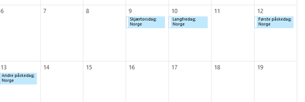 Outlook-kalender med helligdager
