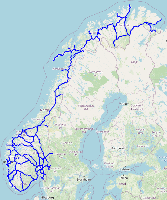 Kart over veiene som undergikk digital inspeksjon