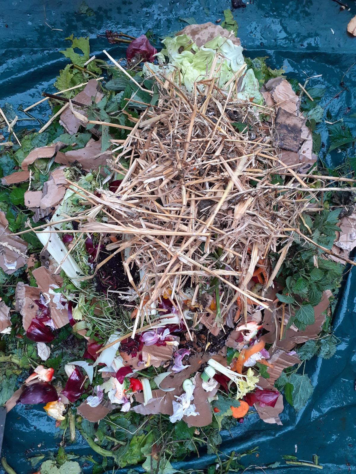 A rough mix of 40% food waste (‘greens’) and 60% twiggy cuttings and cardboard (‘browns’).