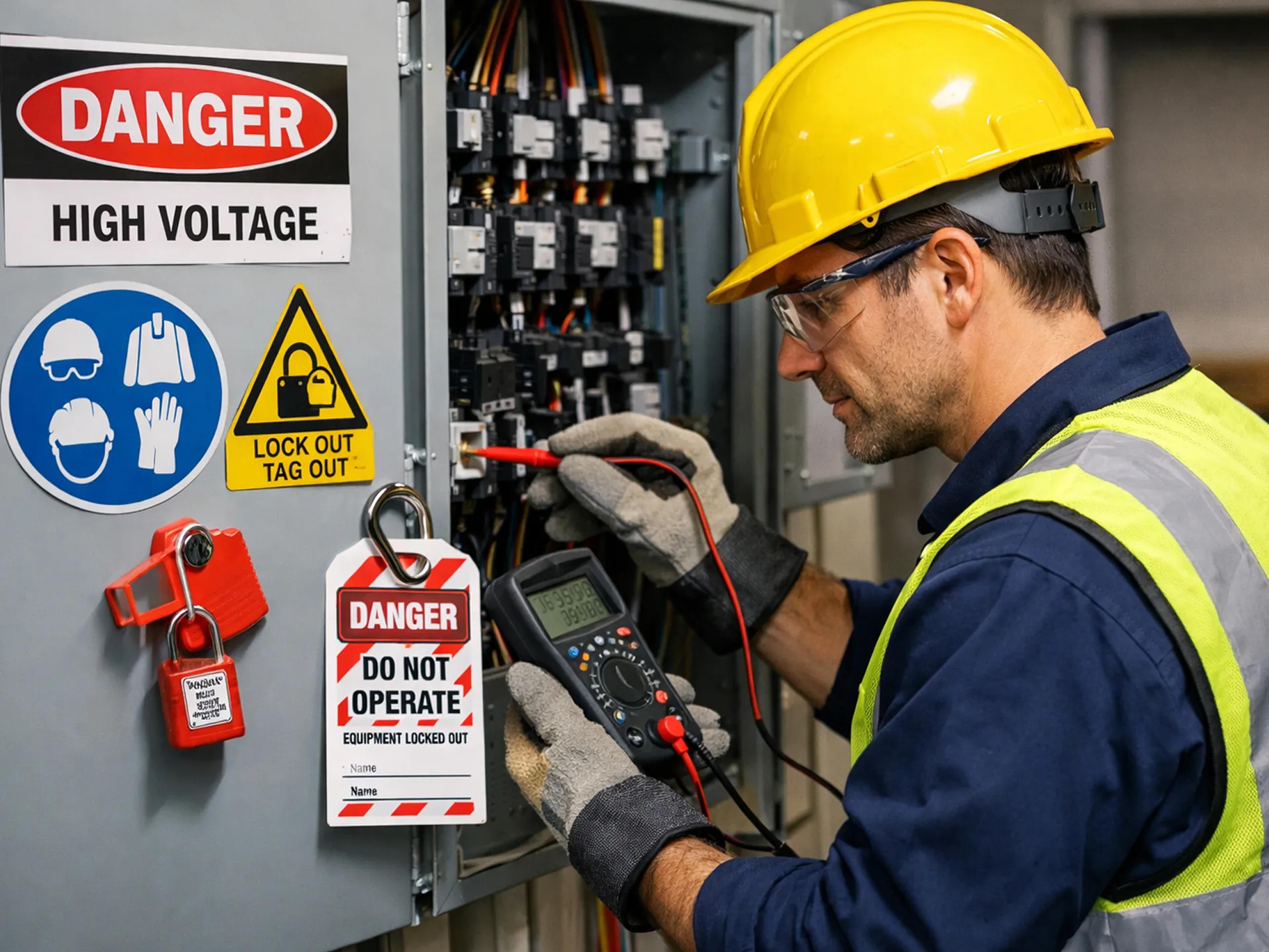A photo of an electrician practicing safe workplace practices.