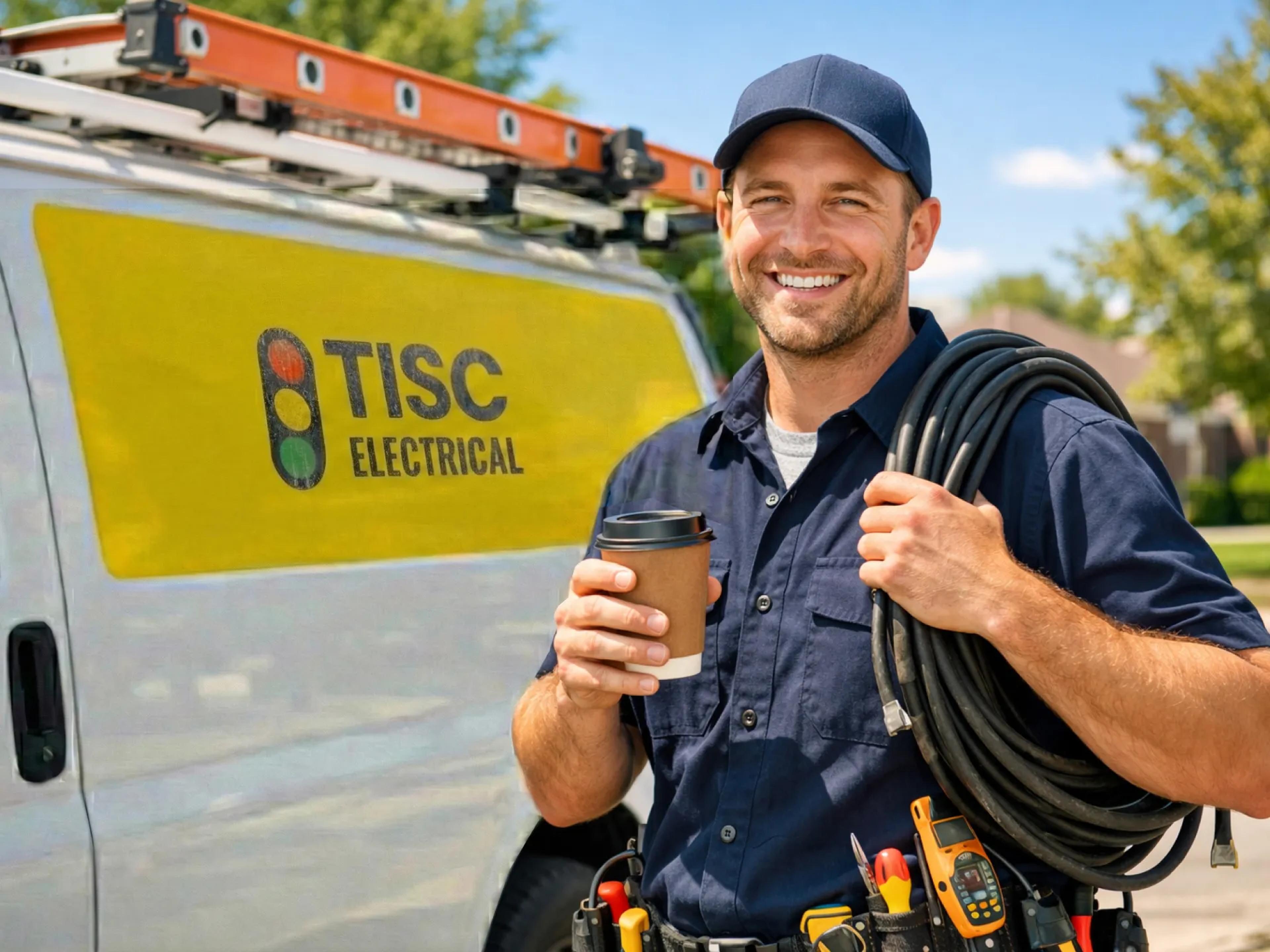 A photo of an electrician standing in front of a white van