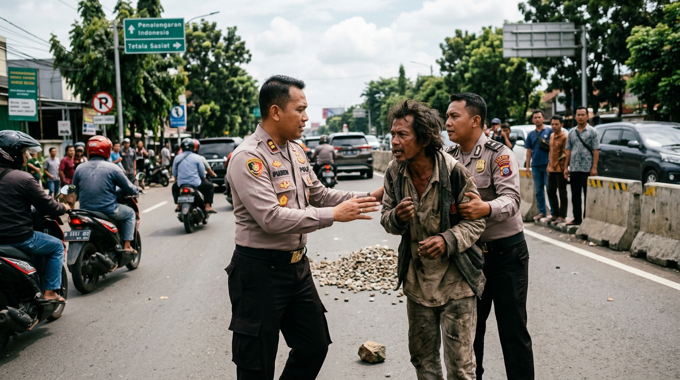 Detik-Detik Viral Polisi Evakuasi ODGJ yang Lempari Pengendara Pakai Batu