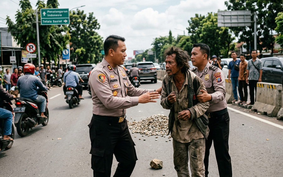 Detik-Detik Viral Polisi Evakuasi ODGJ yang Lempari Pengendara Pakai Batu