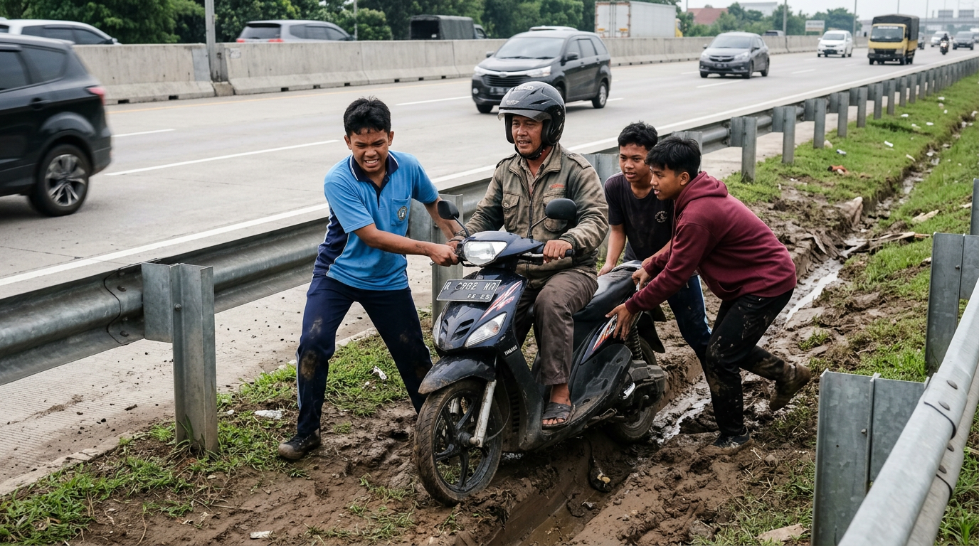 Aksi Viral Remaja Menolong Pengendara Motor yang Terperosok di Jalan Tol