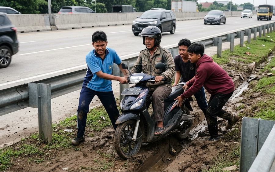 Aksi Viral Remaja Menolong Pengendara Motor yang Terperosok di Jalan Tol
