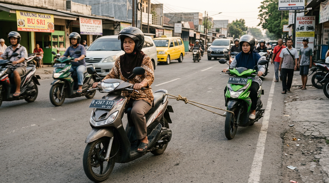 Video Viral Emak-emak Derek Motor Pakai Tali Jadi Sorotan Netizen