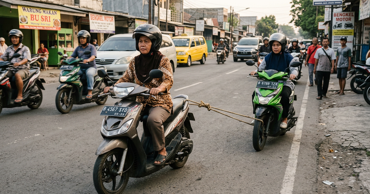 Ilustrasi artikel: Video Viral Emak-emak Derek Motor Pakai Tali Jadi Sorotan Netizen