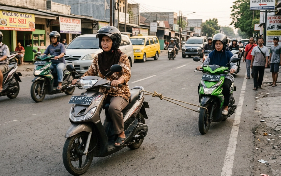 Video Viral Emak-emak Derek Motor Pakai Tali Jadi Sorotan Netizen