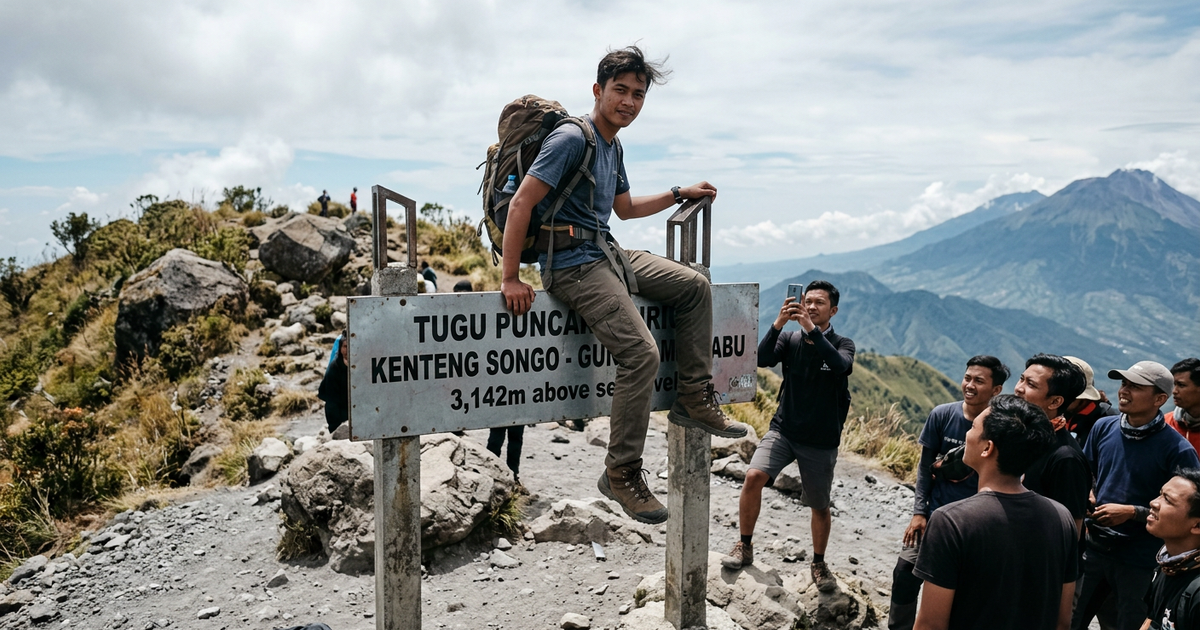 Ilustrasi artikel: Kronologi Pendaki Viral Naiki Tugu di Gunung Merbabu