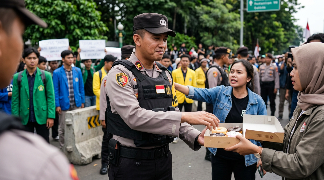 Viral Polisi Nyaris Ambil Donat Saat Demo Mahasiswa