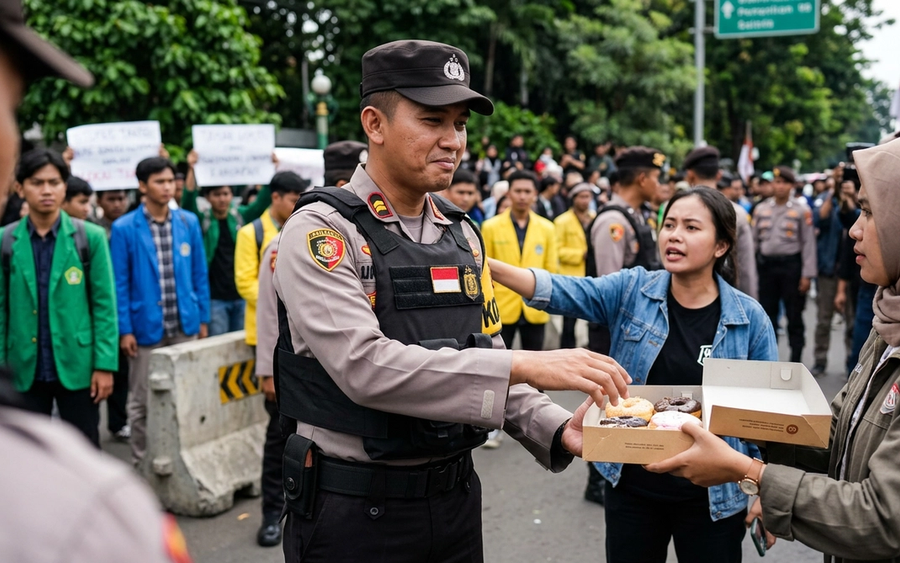 Viral Polisi Nyaris Ambil Donat Saat Demo Mahasiswa
