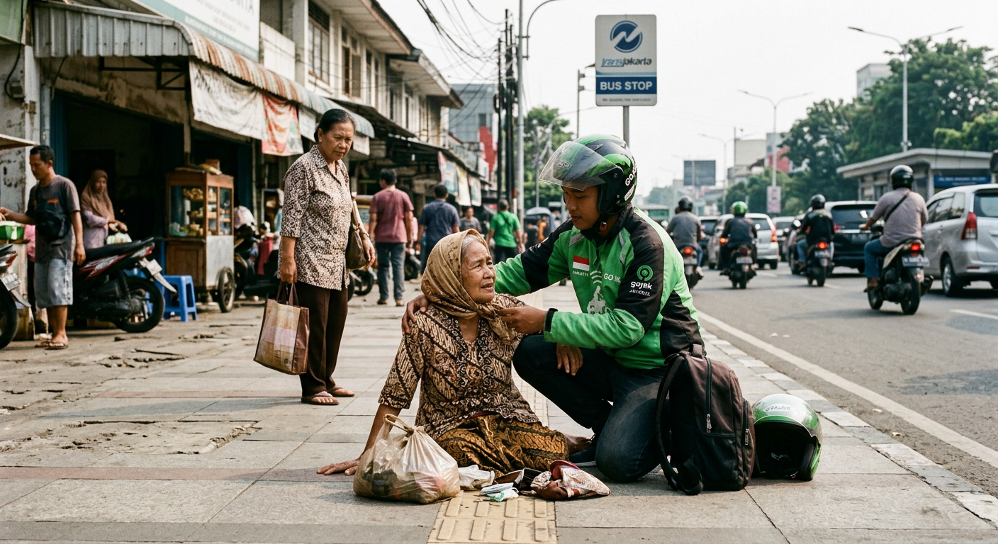 Viral Sopir Ojek Online Bantu Lansia Terjatuh di Trotoar Jakarta Hari Ini