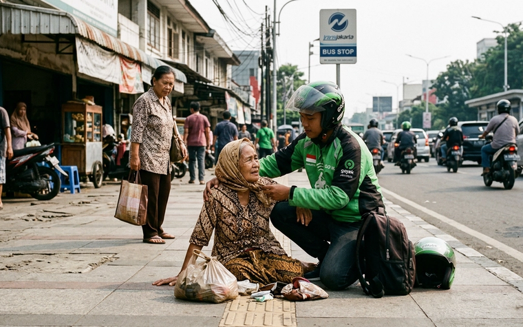 Viral Sopir Ojek Online Bantu Lansia Terjatuh di Trotoar Jakarta Hari Ini