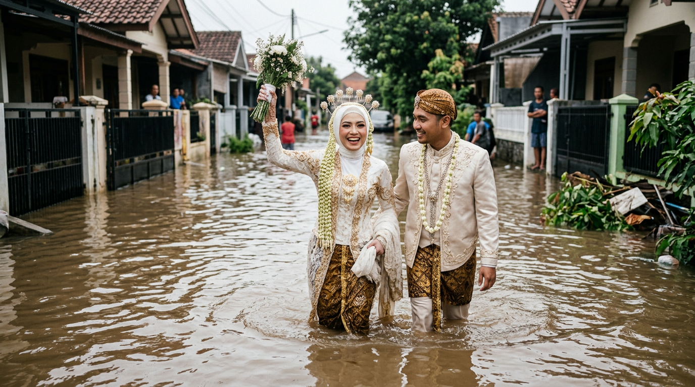 Foto Pernikahan Banjir Pasangan Pengantin Tangerang Tuai Simpati Netizen