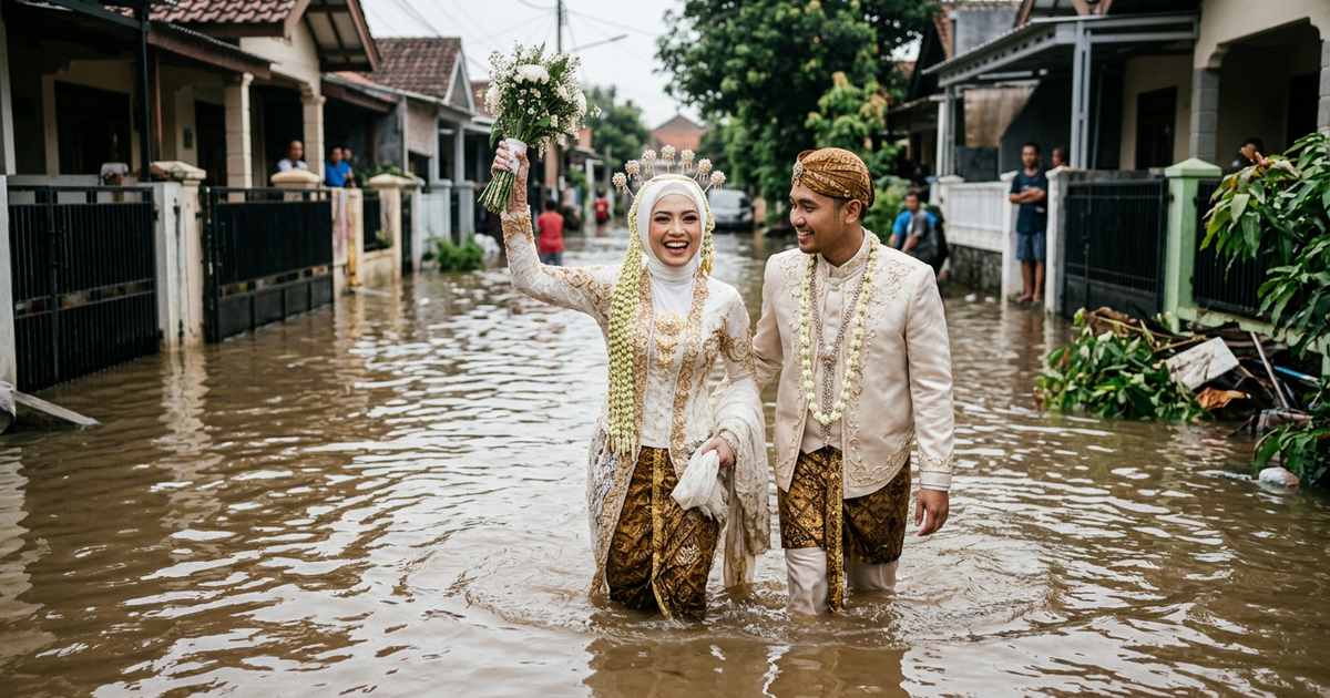 Ilustrasi artikel: Foto Pernikahan Banjir Pasangan Pengantin Tangerang Tuai Simpati Netizen