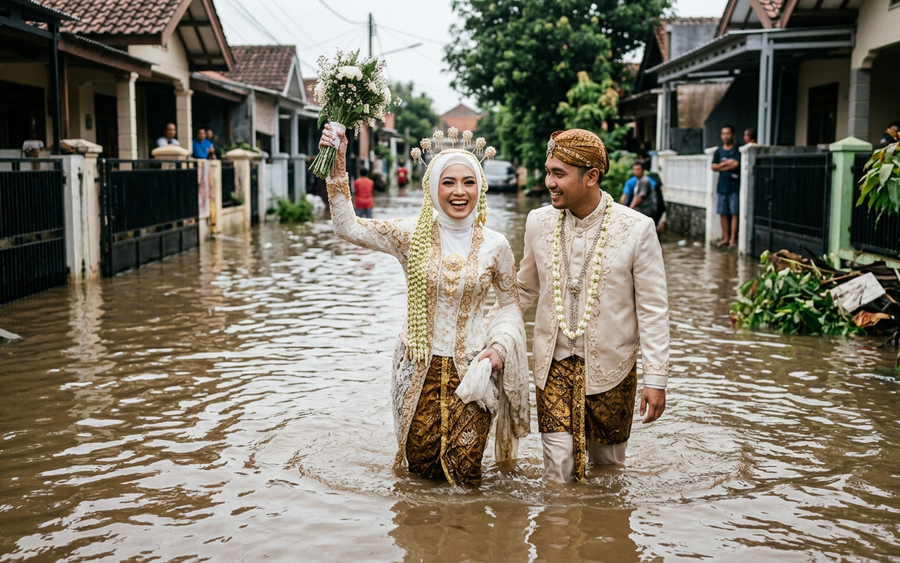 Foto Pernikahan Banjir Pasangan Pengantin Tangerang Tuai Simpati Netizen