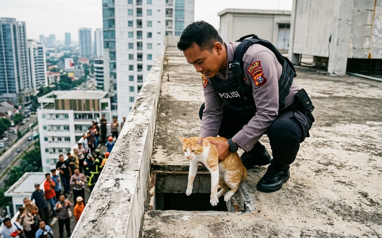 Aksi Heroik Selamatkan Kucing yang Terjebak di Atap Gedung Tinggi