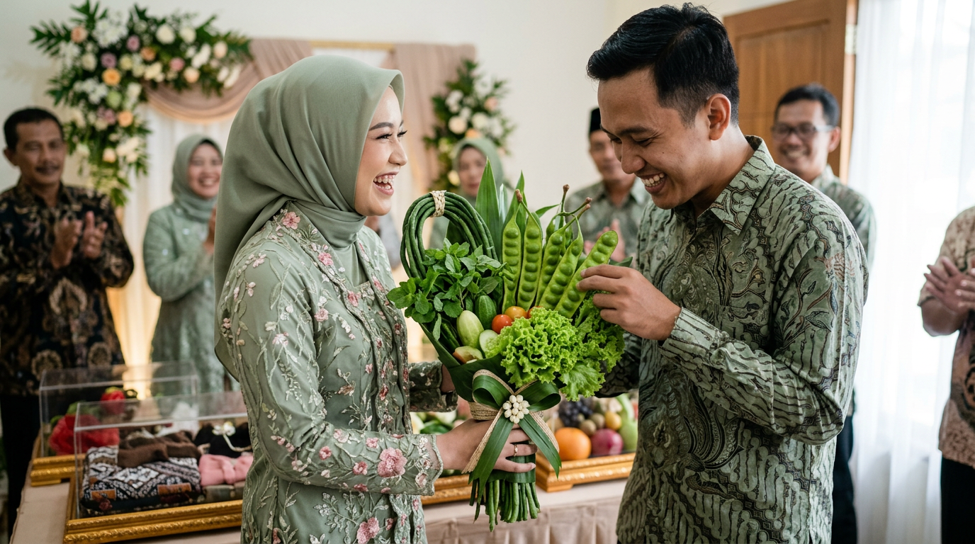 Buket Lalapan Viral: Sorotan Unik Pengantin Pakai Petai dan Kacang Panjang